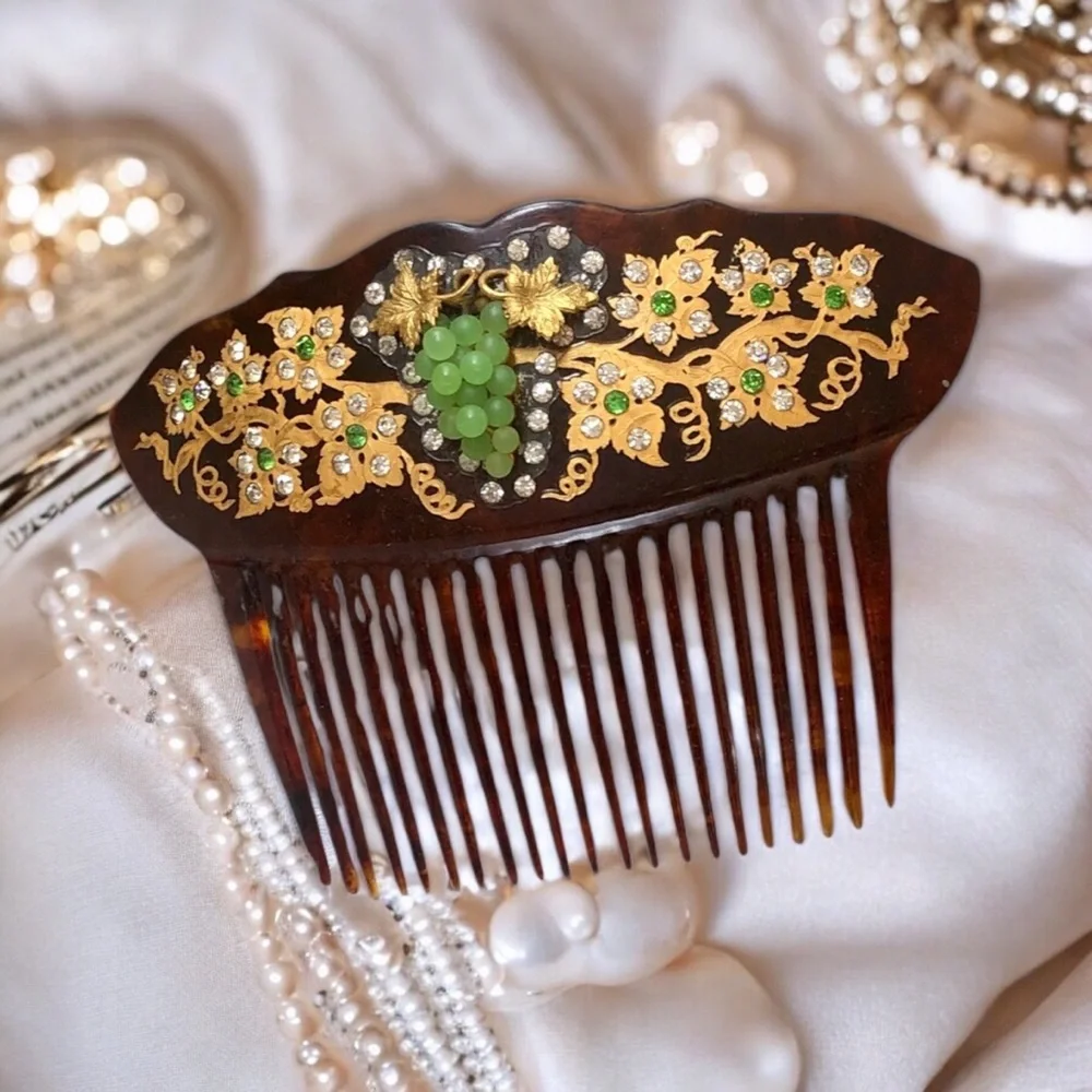 Victorian Celluloid Hair Comb 18K Gold Inlaid Faux Tortoiseshell Pearl Grapes